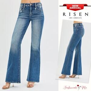 RISEN Tummy Control High Rise Waistline Zipper Fly Dark Washed Flare Denim Jeans